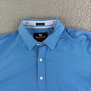 Buttercloth Shirt Button Down Mens Large Blue Icy Cotton Geometric Casual L/S